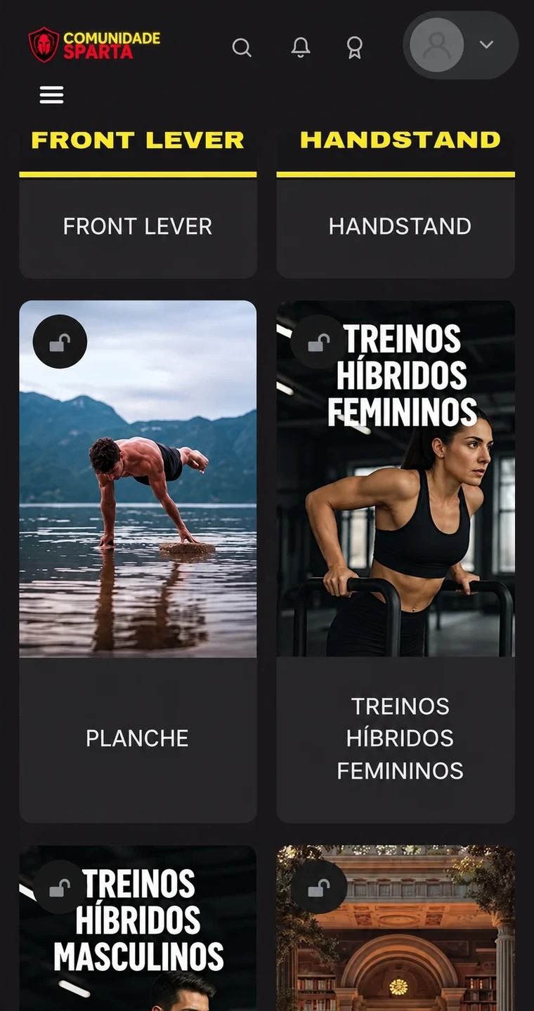 Tela do app da Comunidade Sparta: o catálogo com as trilhas de front lever, handstand, planche e treinos híbridos femininos e masculinos